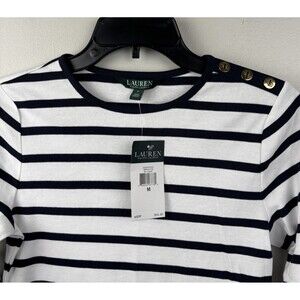 NWT Lauren Ralph Lauren Shirt Womens Med Navy White Striped  Gold Button Accents